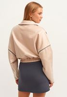Bayan Bej Çıtçıtlı Yaka Crop Sweatshirt