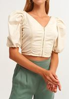 Bayan Bej Balon Kollu Crop Tank