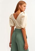 Bayan Bej Balon Kollu Crop Tank