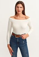 Bayan Krem Off-Shoulder Uzun Kollu Bluz