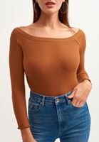 Bayan Kahverengi Off-Shoulder Uzun Kollu Bluz