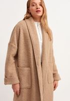 Bayan Bej Wool Blend Cepli Uzun Kaban