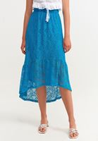 Women Blue Midi Skirt with Romantic Lace Detail