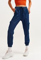 Bayan Mavi Denim Kargo Jogger Pantolon