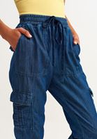 Bayan Mavi Denim Kargo Jogger Pantolon
