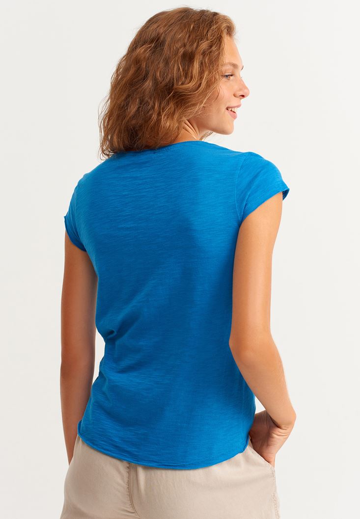 Women Blue V-Neck Cotton T-Shirt