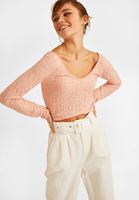 Women Pink U Neck Long Sleeve Crop Top