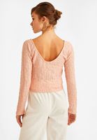 Women Pink U Neck Long Sleeve Crop Top