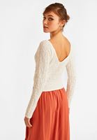 Women Cream U Neck Long Sleeve Crop Top