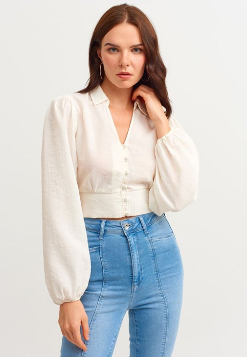 Balon Kol Crop Bluz ve Pili Detaylı Pantolon Kombini