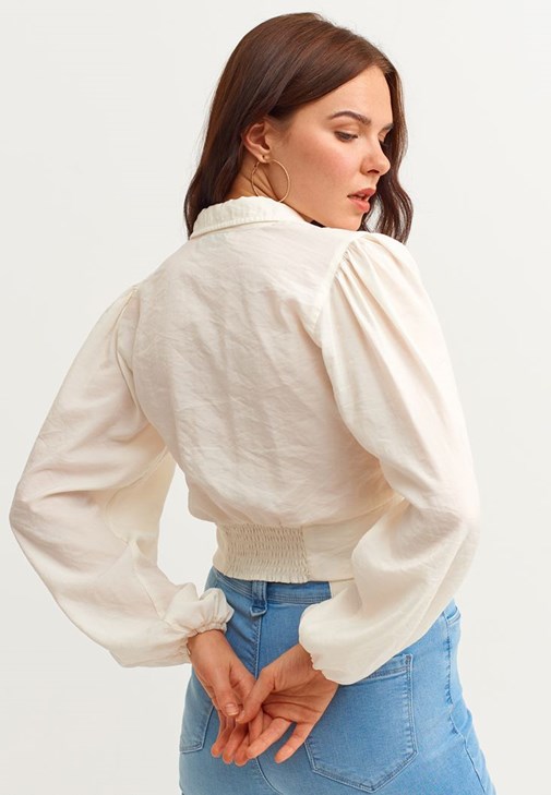 Balon Kol Crop Bluz ve Pili Detaylı Pantolon Kombini