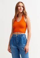 Bayan Turuncu Halter Yaka Crop Top