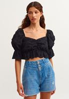 Women Black Balloon Sleeve Crop Blouse