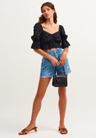 Women Black Balloon Sleeve Crop Blouse