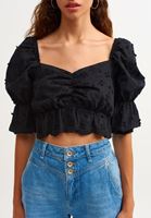 Women Black Balloon Sleeve Crop Blouse