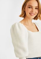 Women White Balloon Sleeve  Square Neck Pullover