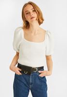 Women White Balloon Sleeve  Square Neck Pullover