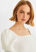 Women White Balloon Sleeve  Square Neck Pullover