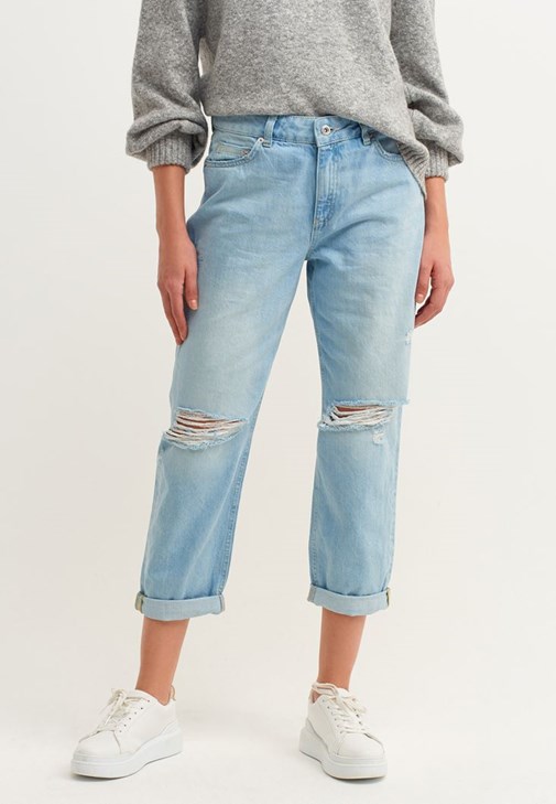 【OHOTORO】 Blue Boyfriend Jeans DOKOTOO Women Straight Leg Jeans Cuffed High Waisted