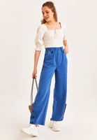 Bayan Mavi Yüksek Bel Düğme Detaylı Bol Pantolon ( TENCEL™ )