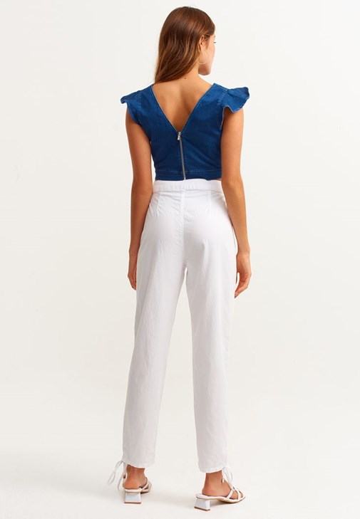 Lace Up Pantolon ve Denim Crop Top Kombini