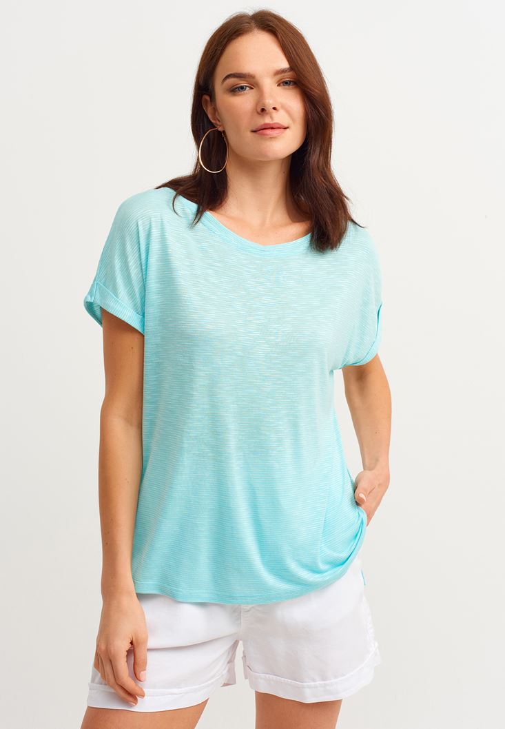 Women Blue Boat Neck Basic T-Shirt