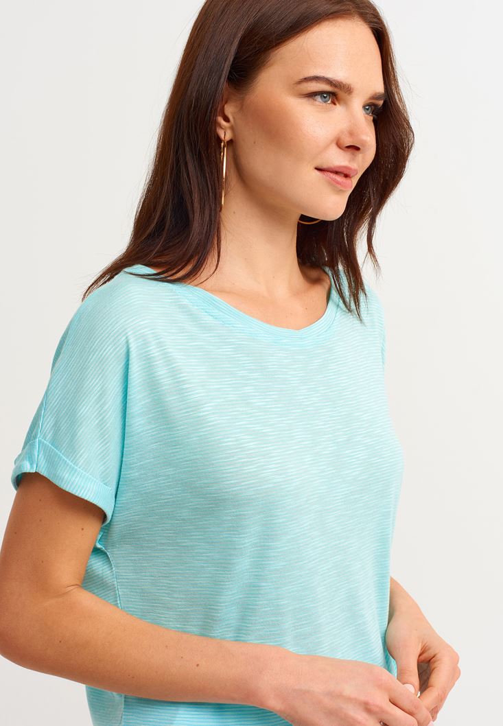 Women Blue Boat Neck Basic T-Shirt