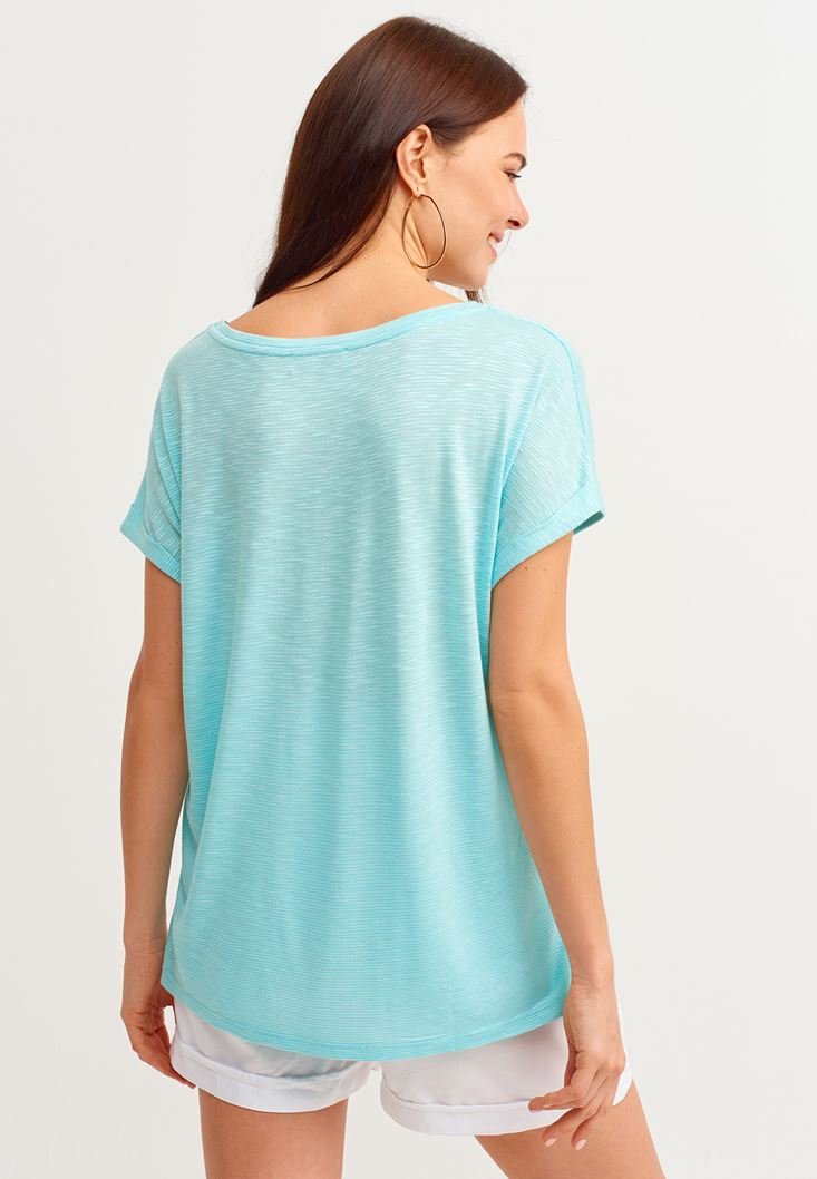 Women Blue Boat Neck Basic T-Shirt