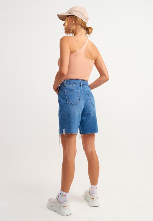 Blue Denim Shorts With Belt Detail Online Shopping | OXXOSHOP