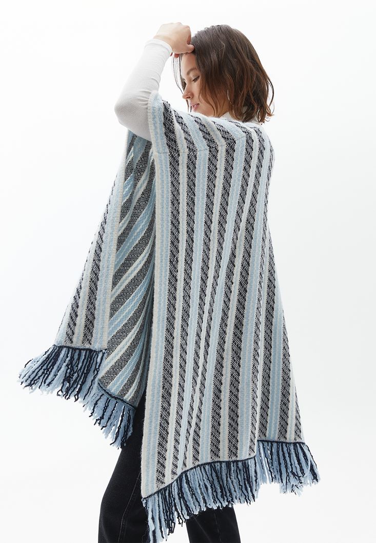 Women Mixed Knitwear Poncho with Fringes