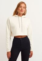 Bayan Krem Kapüşonlu Crop Sweatshirt