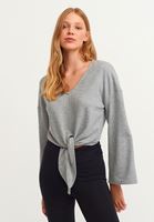 Bayan Gri Belden Bağlamalı Crop Sweat