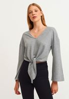 Bayan Gri Belden Bağlamalı Crop Sweat