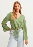 Bayan Yeşil Belden Bağlamalı Crop Sweat