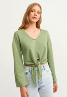 Bayan Yeşil Belden Bağlamalı Crop Sweat