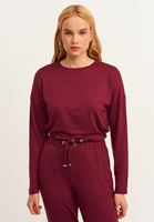 Bayan Bordo Bel Detaylı Sıfır Yaka Sweatshirt