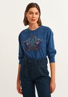 Bayan Mavi Nakışlı Crop Sweatshirt