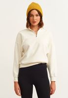 Bayan Krem Pamuklu Fermuar Detaylı Sweatshirt