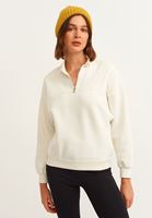 Bayan Krem Pamuklu Fermuar Detaylı Sweatshirt