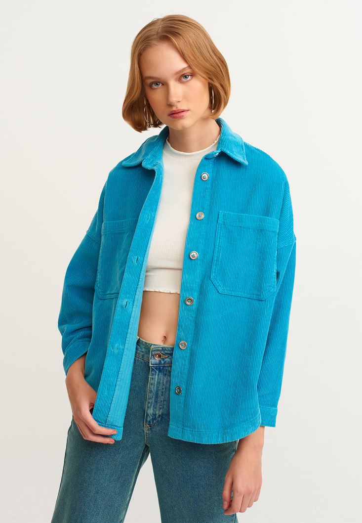 Women Blue Oversize Cord Velvet Shirt