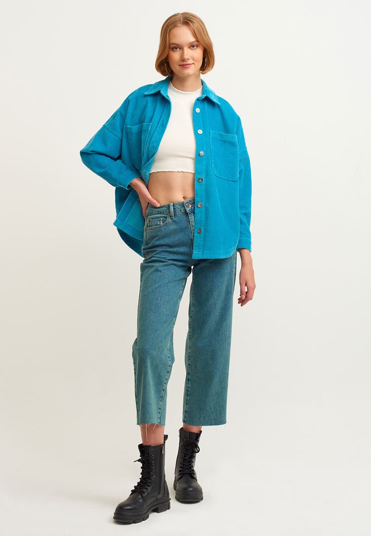 Women Blue Oversize Cord Velvet Shirt