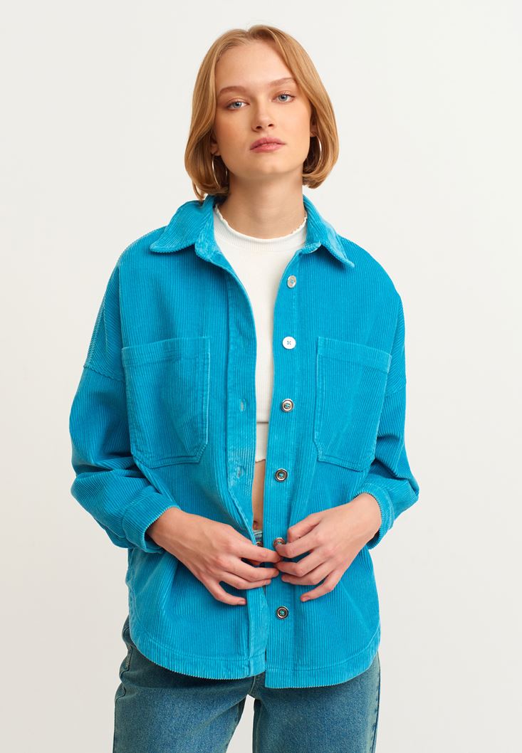 Women Blue Oversize Cord Velvet Shirt