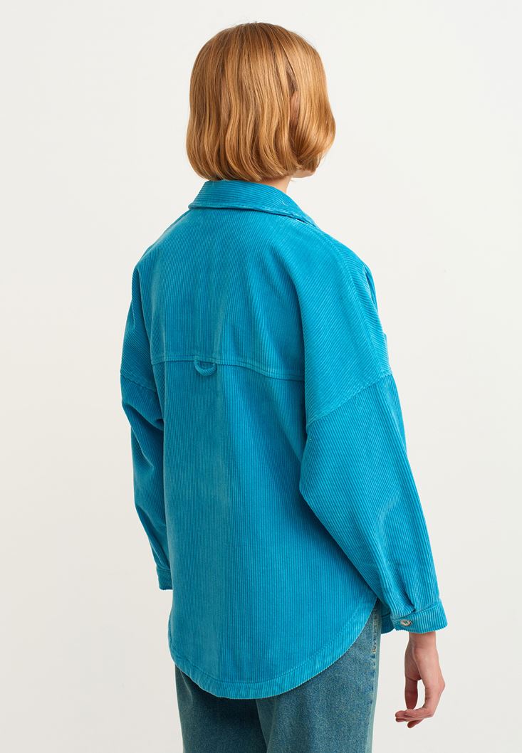 Women Blue Oversize Cord Velvet Shirt