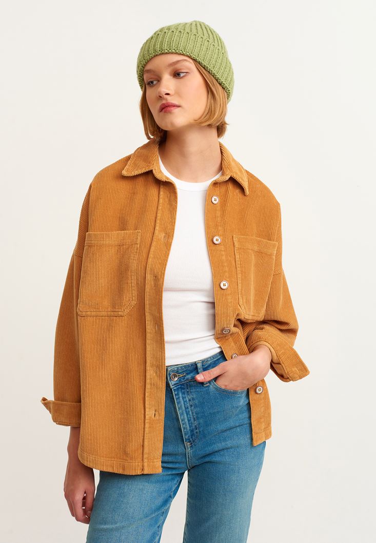 Women Brown Oversize Cord Velvet Shirt