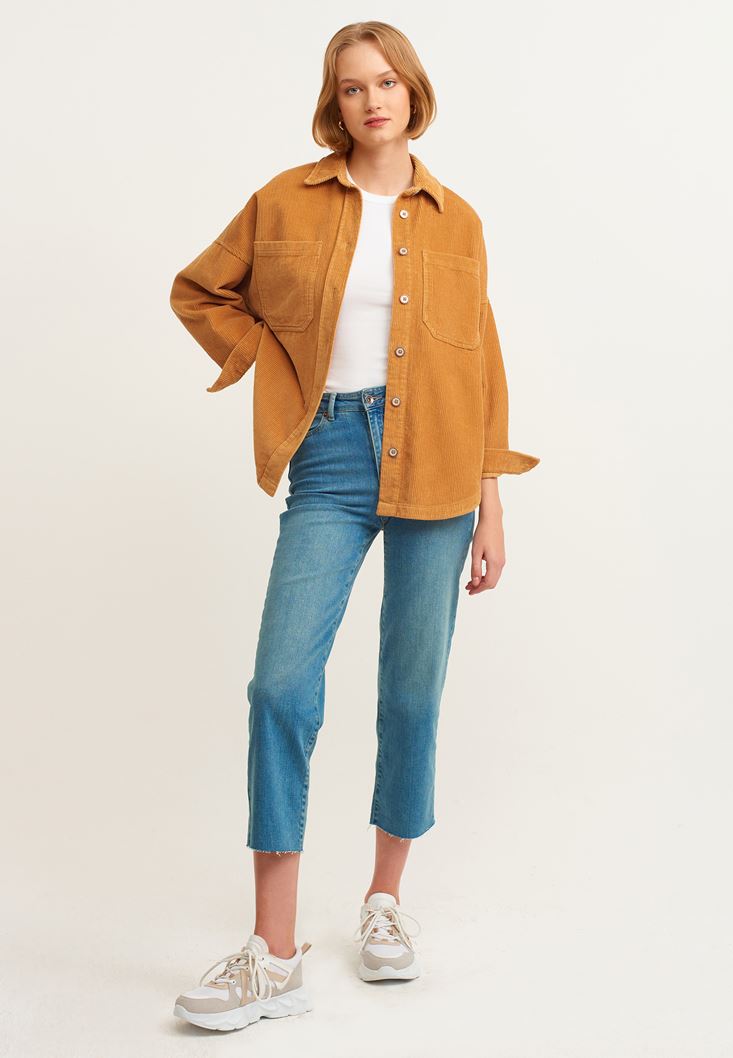 Women Brown Oversize Cord Velvet Shirt