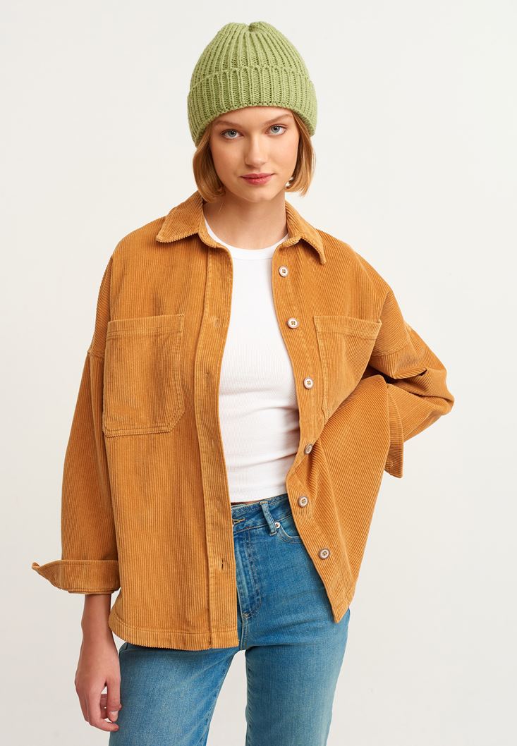 Women Brown Oversize Cord Velvet Shirt