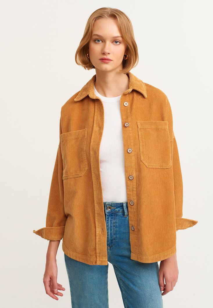 Women Brown Oversize Cord Velvet Shirt
