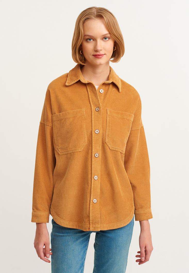 Women Brown Oversize Cord Velvet Shirt