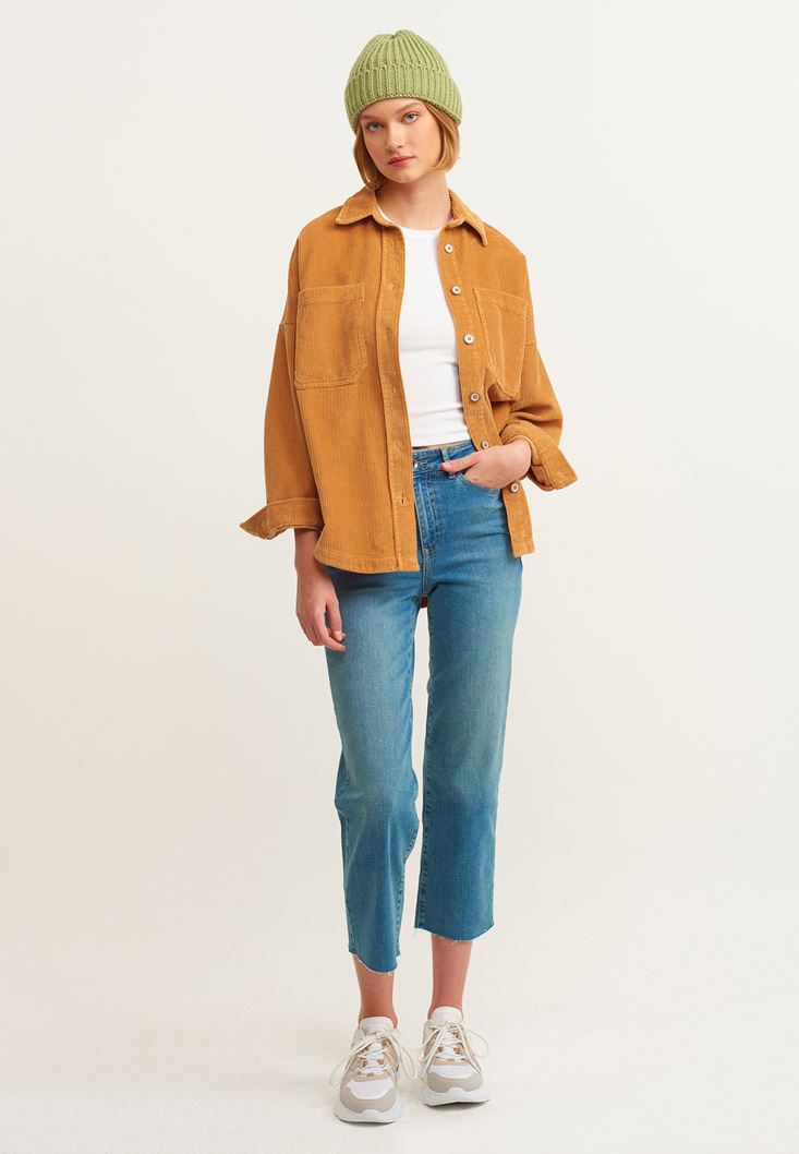 Women Brown Oversize Cord Velvet Shirt