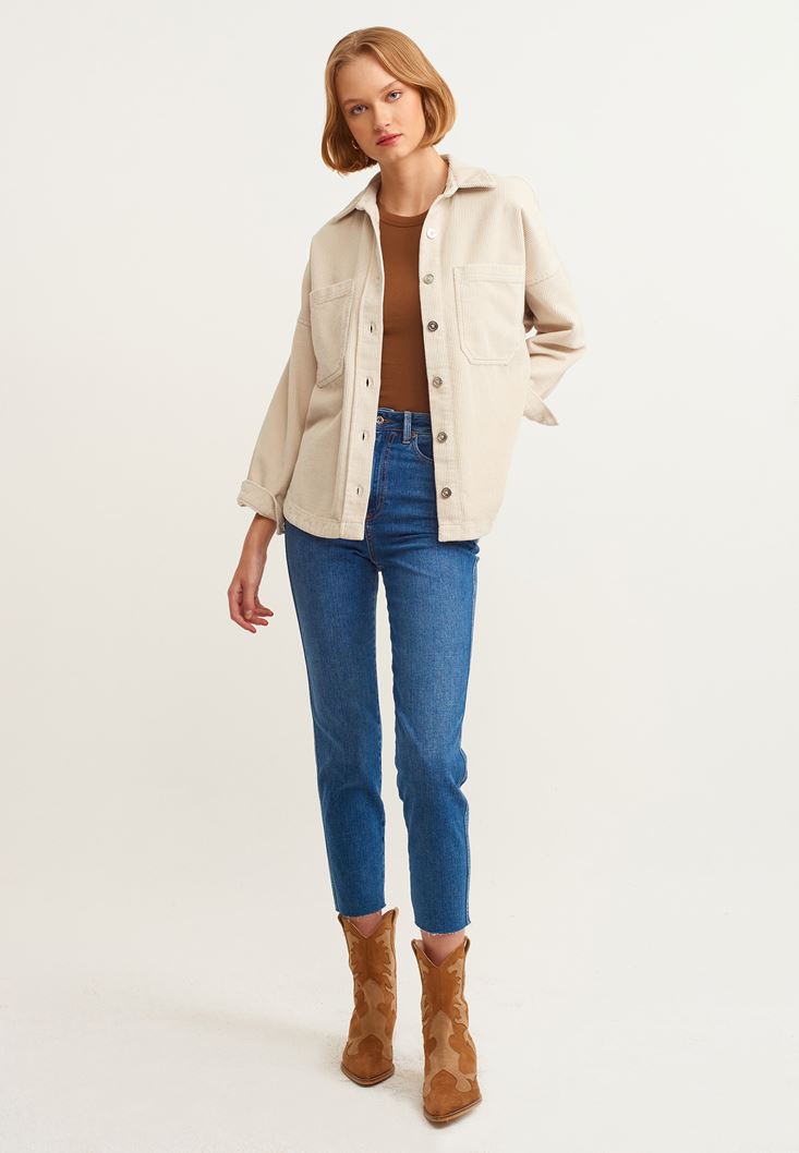 Women Beige Oversize Cord Velvet Shirt